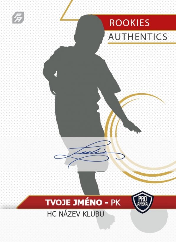 fotbalová kartička s podpisem hráče a postavou fotbalisty s trofejí