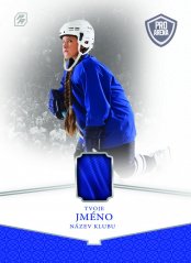 bílo modrá hokejová kartička s výřezem pro kus vlastní vystroje