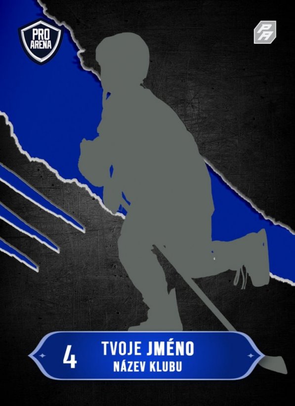 hokejová kartička s modrou prasklinou a třemi rýhami na černím pozadí