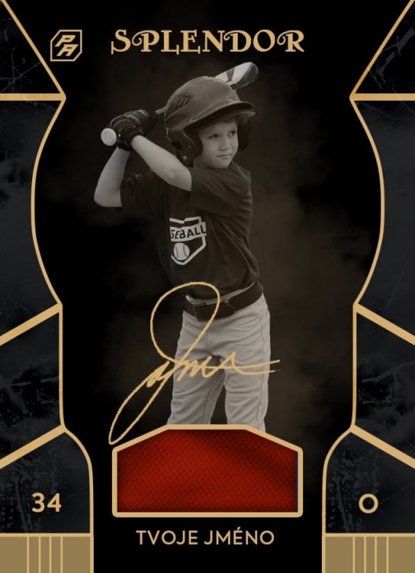 černo zlatá baseballová kartička s kusem vlastní výstroje 