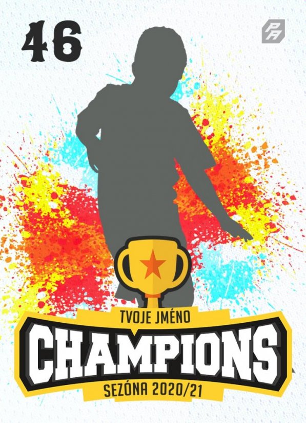 fotbalová kartička s barevnými skvrnami na pozadí a s pohárem a nápisem champions