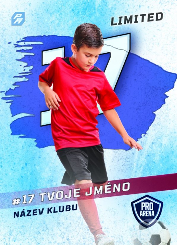 fotbalová kartička s modrou skvrnou a velkým číslem v pozadí hráče