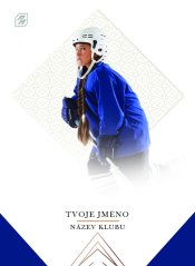 hokejová kartička flow s modrými rohy a jménem hráče a názvem týmu uprostřed  