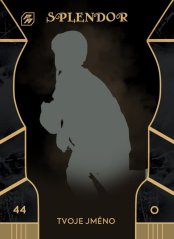 černá hokejová kartička se zlatými prvky, číslem a postem hráče