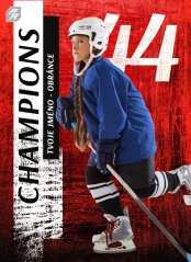 hokejová kartička champions s červeným pozadím hráče a velkým nápisem champion v bílém poli