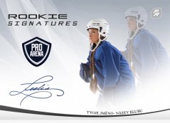 hokejová kartička rookie s autentickým podpisem hráče a dvojitou fotkou v pozadí