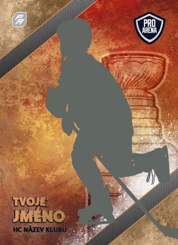 hokejová kartička stanley cup s trofejí na pozadí v oranžové barvě