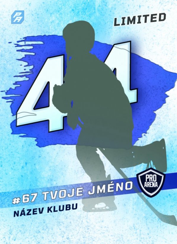 modrá hokejová kartička se skvrnou a velkým číslem