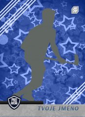 florbalová kartička s hráčem a hvězdami na modrém pozadí