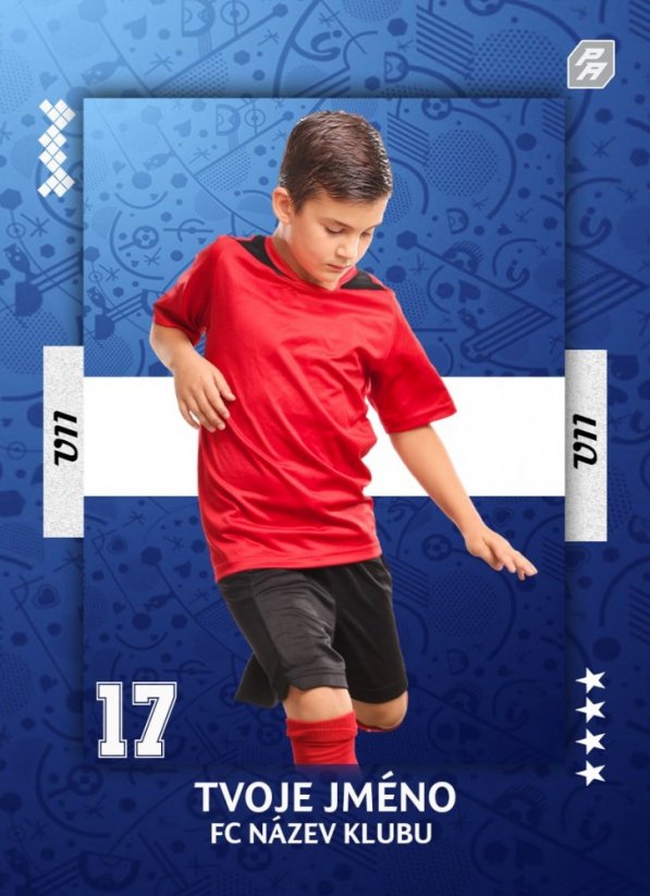 světle modrá fotbalová kartička s číslem a jménem hráče a názvem klubu
