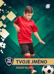 kartička s fotbalistou v červeném dresu na zeleném pozadí
