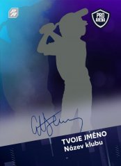 podpisová baseballová kartička s podpisem hráče na fialovo modrém  pozadí
