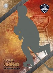 hokejová kartička stanley cup s trofejí na pozadí v oranžové barvě